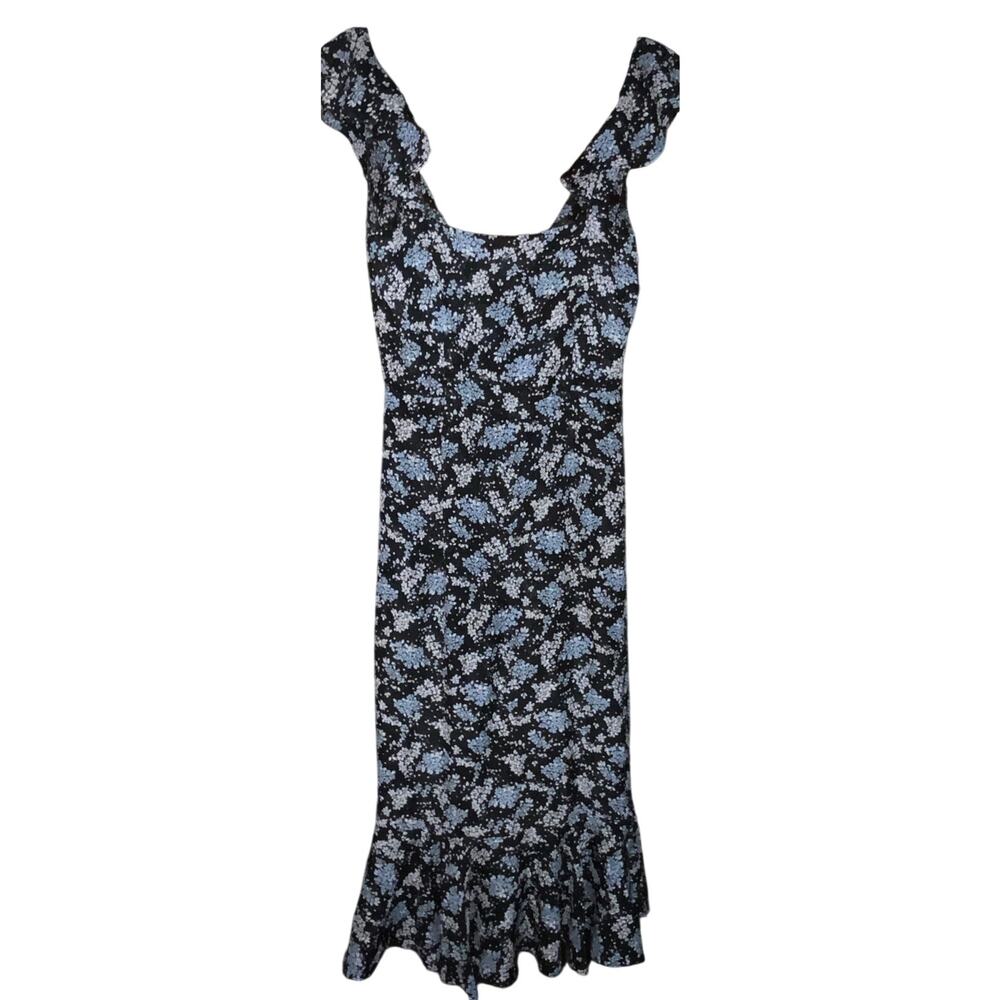 Veronica Beard Floral Midi Dress Black Blue Ruffle Strap Silk Amil Size  2 (363)